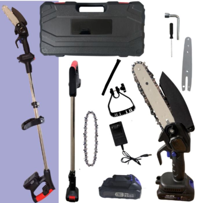 Акумулаторен мини верижен трион с телескопичен прът 21V – комплект за