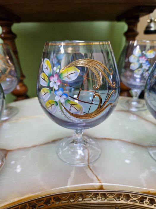 Уникален антикварен кристален сервиз за коняк и бренди Бохемия