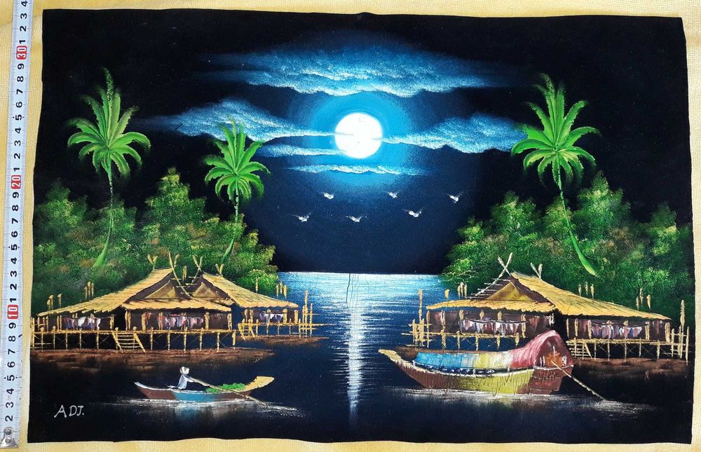 Картина, масло върху платно. нощен пейзаж на реката. Камбоджа