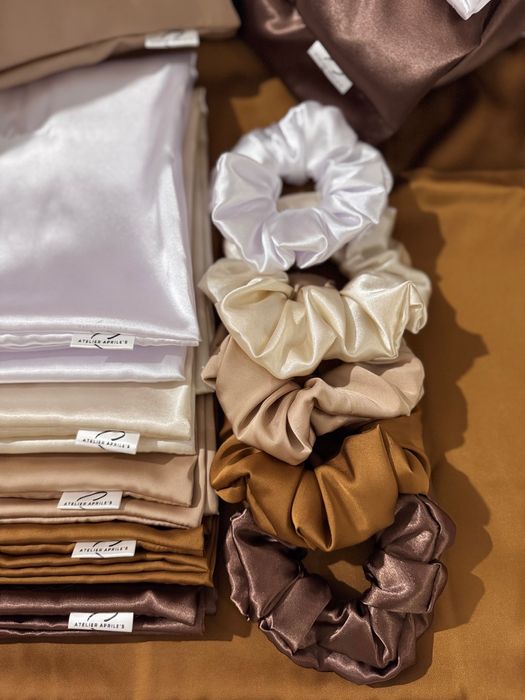 Копринен сатен кълъфка за възглавница и скрънч за коса