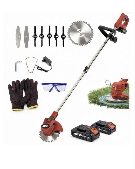Motocoasă Electrică Multifuncțională, 24V, 2 Acumulatori Li-Ion, Tijă Telescopică și Kit 8 Accesorii