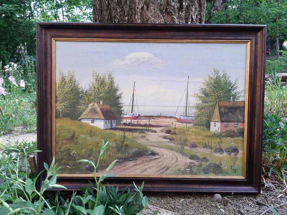 Красива Стара Картина "Рибарско Селище" Маслени Бои на Платно