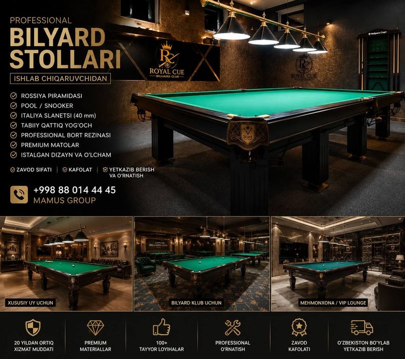 Premium bilyard stollari | Ishlab chiqaruvchidan | Kafolat | Yetkazib