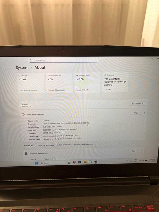 Laptop Gaming MSI GF63 cu procesor Intel i7-11800H 4.60 GHz, 15.6"  144 Hz, 16GB DDR4, 512GB SSD NVIDIA GeForce GTX 1650 4GB