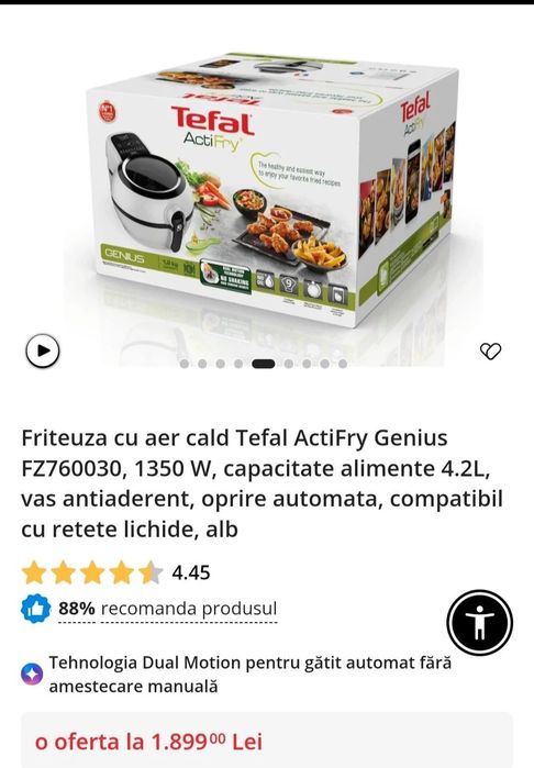 Friteuză cu aer cald Tefal ActiFry Genius FZ760030, 1350 W, 1.2 kg / 4.2L - Nouă / Ca nouă