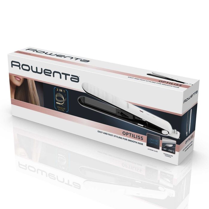 Placa de indreptat parul Rowenta Optiliss SF3210F0, 10 trepte de temperatura, functie straight&curl, invelis ceramic, cablu 1.8m, alb