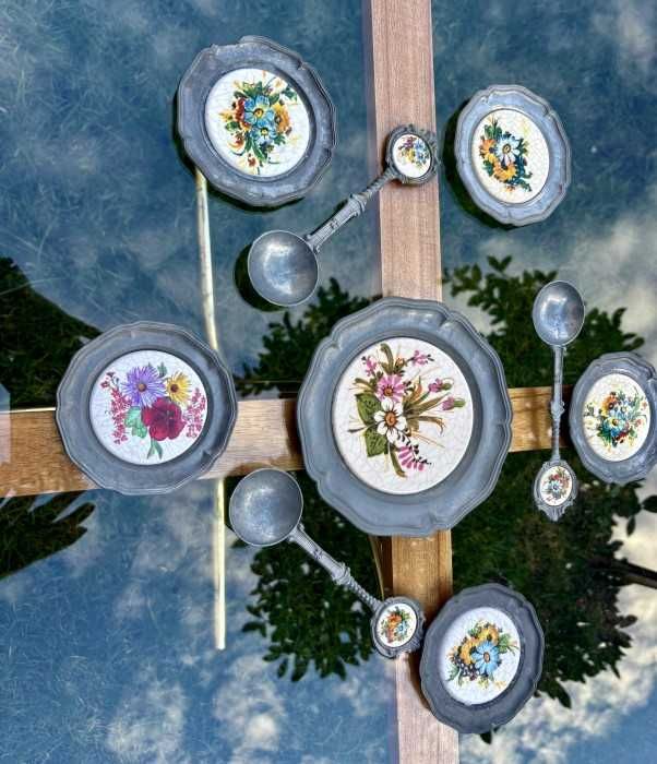 Deosebit set vintage-aplice/farfurii-linguri-cositor-portelan-Germania