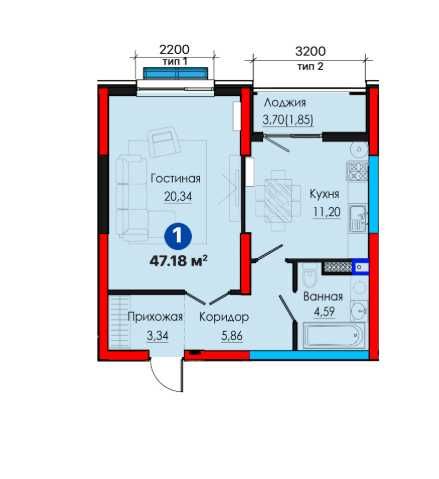 1 комнатная квартира 47,18 м2  Бизнесс Класс Алмазарский р-н Ипотека