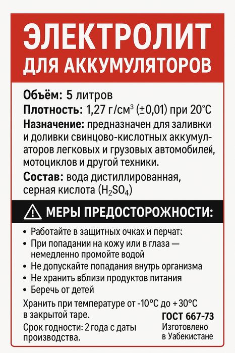 Продается электролит 1.25 и 1.28 плотность. Для электрокар и аккумулят