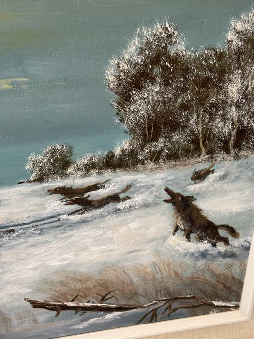 красива голяма картина ловна сцена маслени бои платно автор