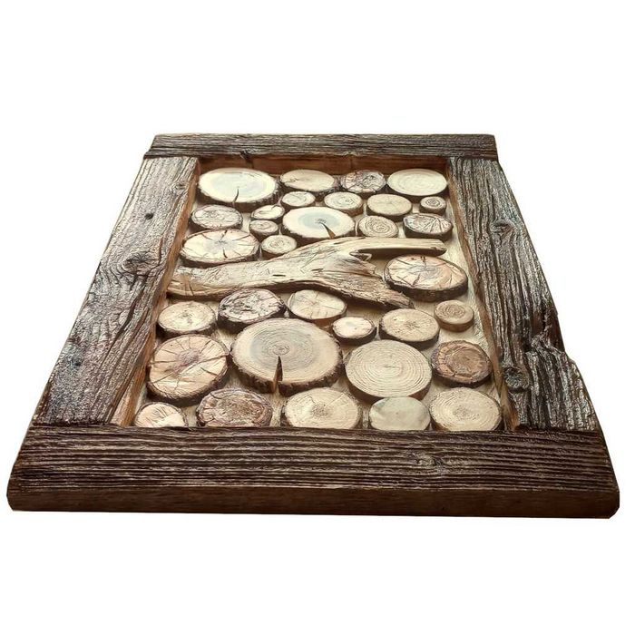 Tablou rustic handmade din rondele de lemn, rama arsa, lacuita