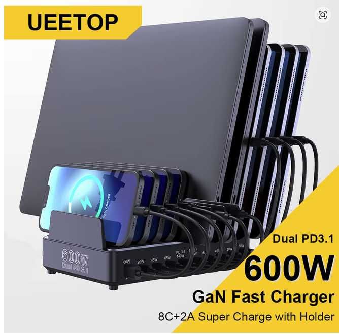 Зарядна станция за таблети, смартфони и лаптопи - Ueetop 600W USB Fast Charge 10-Port GaN Charging Station Laptop Tablet