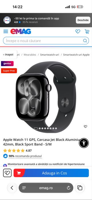 Apple Watch 11 GPS, Carcasa Jet Black Aluminium 42mm, Black Sport Band - S/M