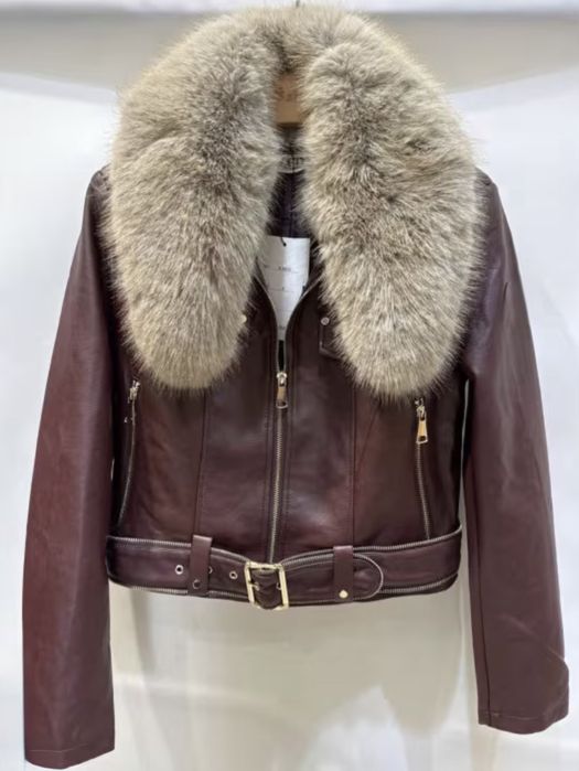 Дамско кожено яке с пух