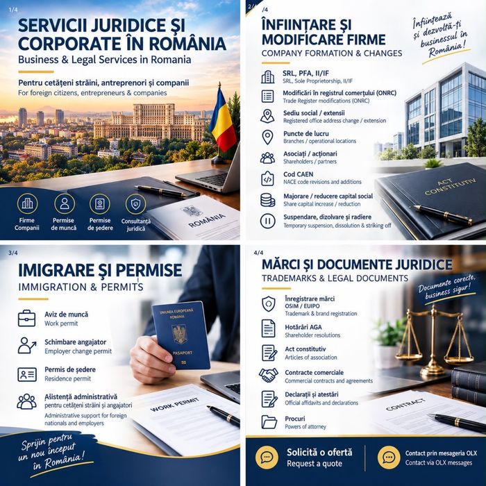Infiintari Firme România SRL PFA ONRC -Cetateni Straini  | Infiintare Firma - Modificări gazduire sediu social  radiere mentiuni permis sedere străini