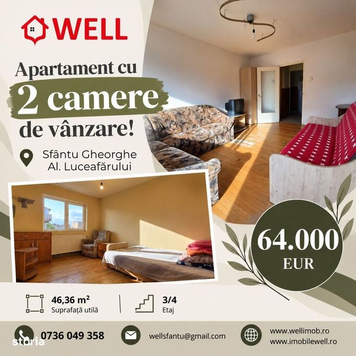 Apartament cu 2 camere de vânzare în Sf. Gheorghe, Al. Luceafărului!