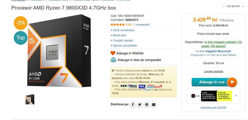 Procesor AMD Ryzen 7 9800X3D BOX Sigilat Garantie Vexio