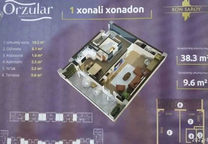 Xonsaroy Orzular novostroyka 1 xonali kvartira(Karobka) 8 etaj-47 kv/m