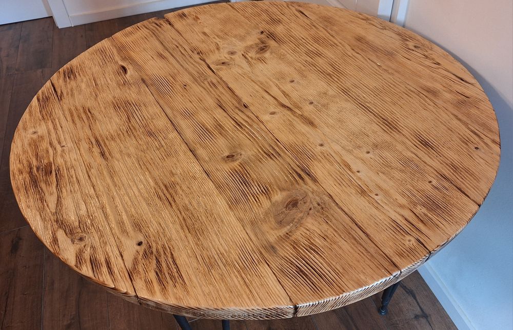 Masă rotundă din lemn masiv, stil industrial-rustic