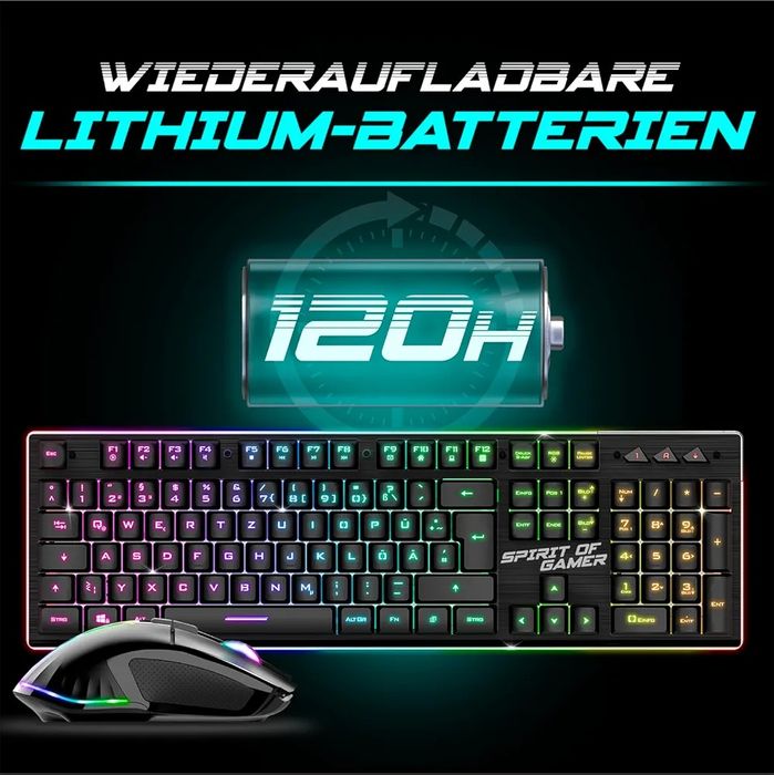 SPIRIT OF GAMER Wireless Gaming Keyboard Set, Black, Rechargeable, RGB