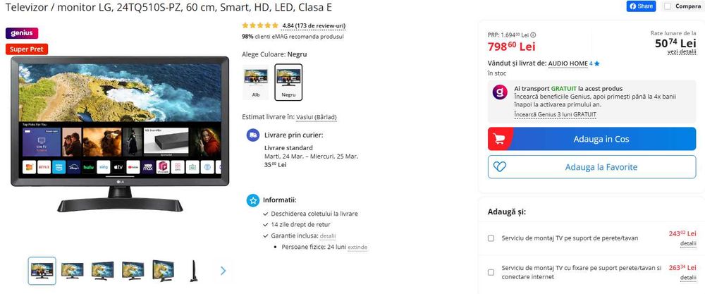 TV / Monitor LG SMART LED 60 cm + suport tv HAMA noi cu factura!