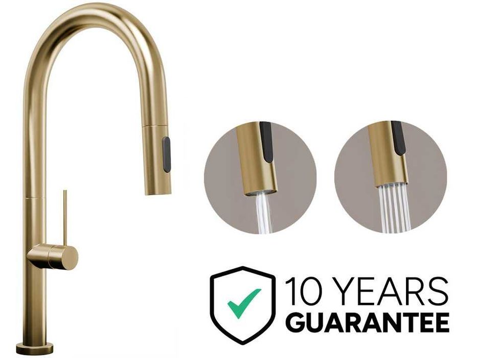 Златен смесител за кухня с изтегляща глава, 2 режима на струя - 9020