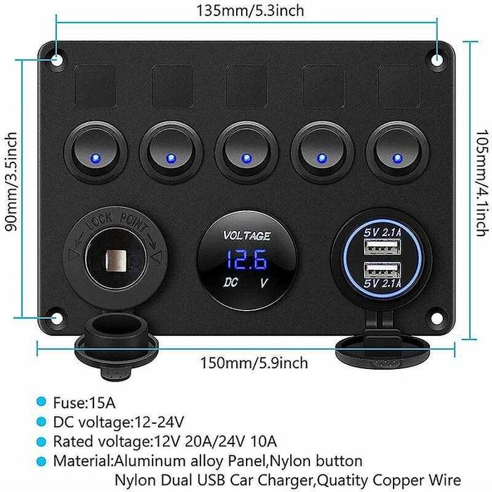 Панел с 5 бутона превключвател 2 бр USB 4.2А 12V и волтметър за МПС