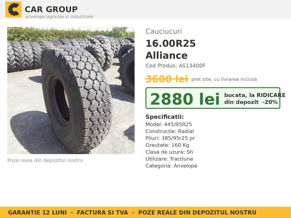 Cauciucuri Anvelope 16.00R25 16.00 R25 16.00-25 1600R25 16 00 25 Alliance Incarcator Frontal si Industrial SH Second Hand FACTURA TVA Garantie 1 An