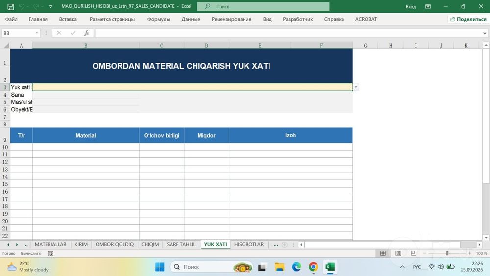 М29 MAO QURILISH HISOBI — Excel dasturida