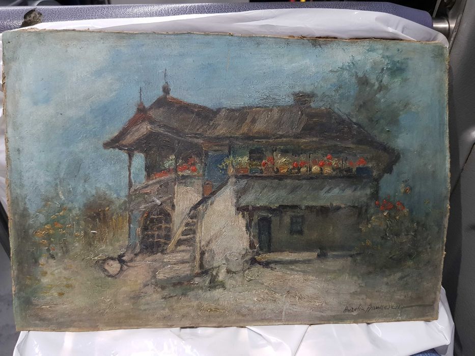 Tablou Peisaj Casa/ Natura Moarta Aurelia Ananescu Ulei Carton Rama
