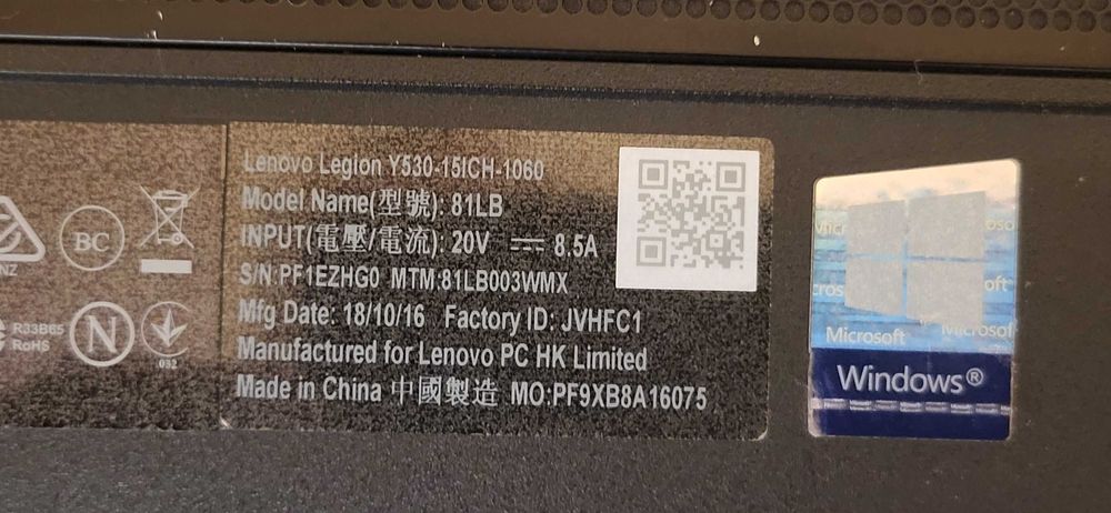 Lenovo LEGION i7  Y530 -15ICH-1060 model 81LB Intel i7 -8750H Cpu 16Gb ssd256Gb  Nvidia GeForce GTX 1060 6144MB GDDR 5  display Spart