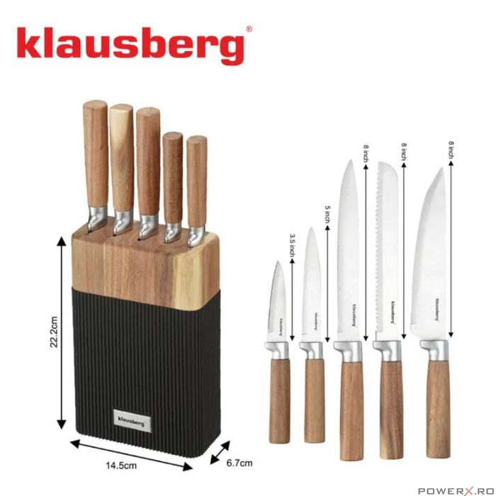 Set de cutite 6 piese, cu bloc de salcam, otel inoxidabil, Klausberg