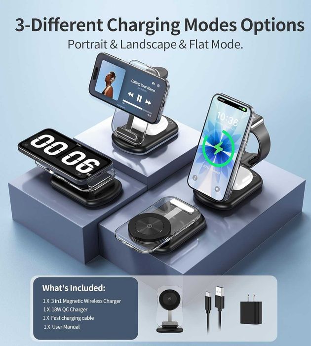 3-в-1 магнитна безжична зарядна станция за Apple устройства