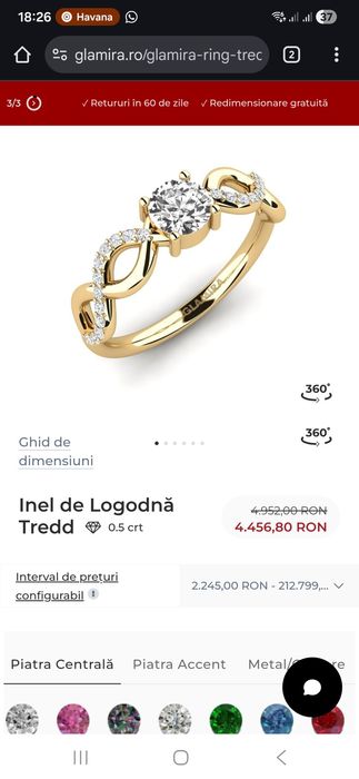 Inel Glamira marime 50, aur 14k cu safire albe