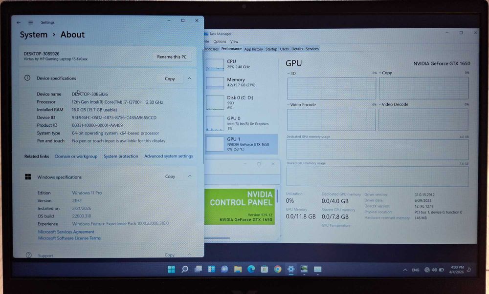15.6' IPS HP Victus Ryzen i7-12700H/NVIDIA 1650 4GB GDDR6/16GB/1TB/Бат.5ч.