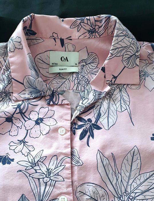 C&A M cămașă bărbat florală roz cu gri slim fit vâscoză bumbac vară casual modern