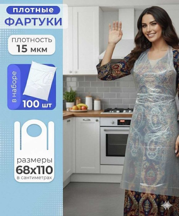 Одноразовый фартук из полиэтилена, в 1 пачке =100 штук.