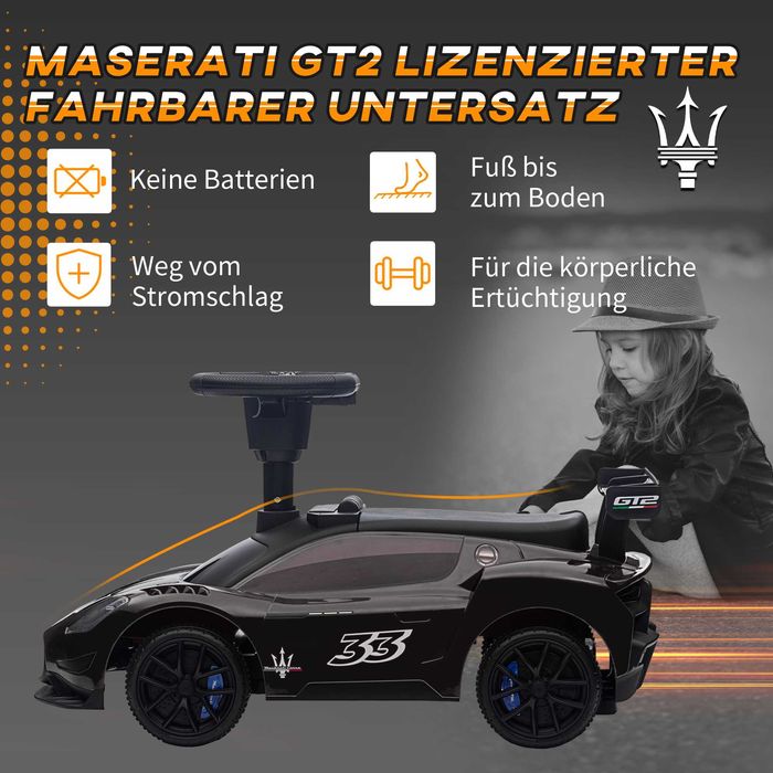 AIYAPLAY Количка за яздене, Maserati, място за съхранение, клаксон и музика, гуми Whisper, за 1,5 до 5 години, до 25 кг