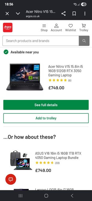 Laptop - Acer v15 16gb RAM, 3050RTX Nvidia