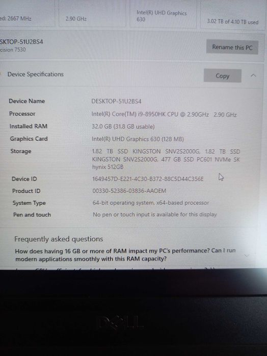Мобилна работна станция Dell Precision 7530 /Core I9/32GB Ram/500 NVMe