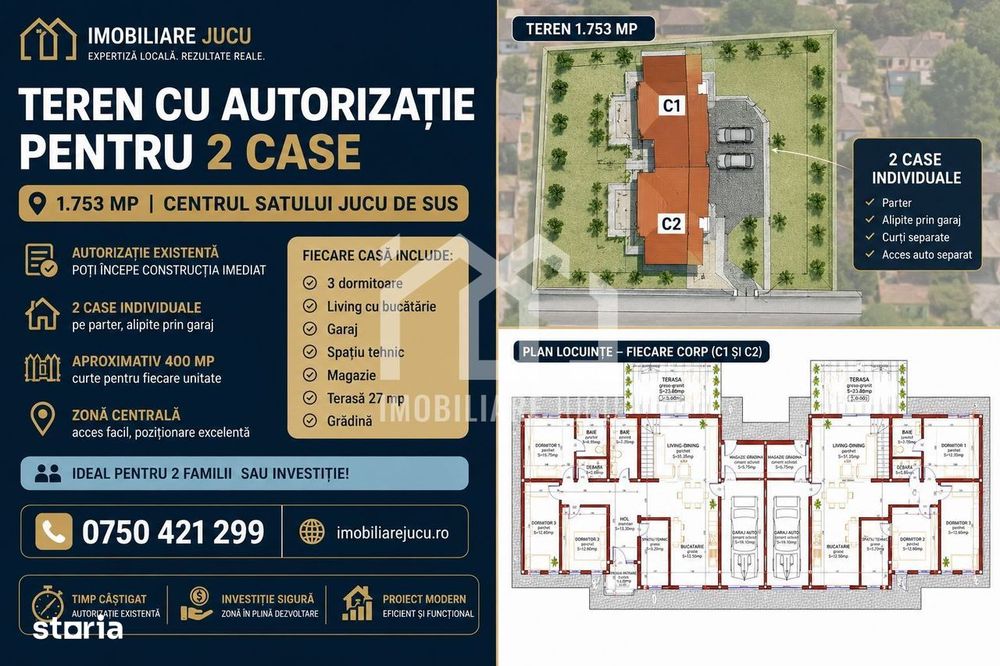 Teren cu autorizație pentru 2 case – 1.753 mp | Jucu de Sus