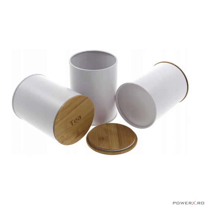 Set 3 recipiente, inox-bambus, alb, pentru cafea, ceai, zahar.