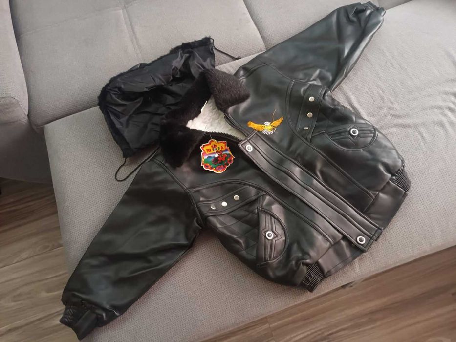 Кожено яке за момче 7-8 г с топла подплата и качулка 122-128 см