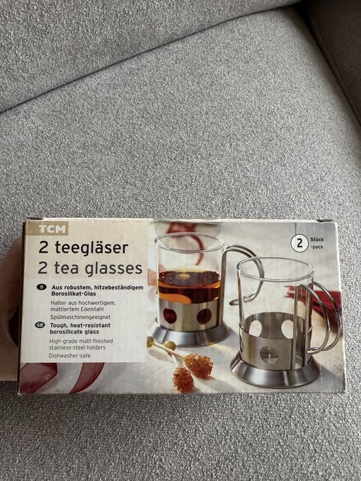 Set 2 pahare pentru ceai – borosilicat + suport inox
