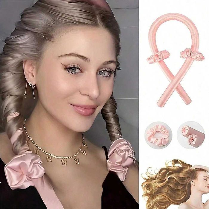 【Nou Sigilat】 Set 4 piese Ondulator de păr fără căldură Roz 98x3cm pentru bucle voluminoase
