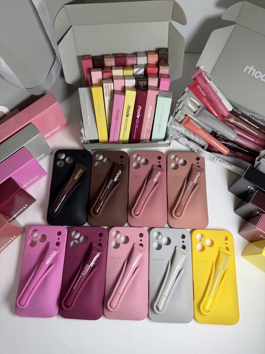 Rhode калъф + Rhode гланц за iPhone | Rhode Lip Case + Lip Gloss оригинални + Peptide Lip Tint Treatment всички модели и цветове налични iPhone 18 Pro