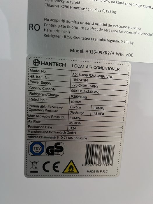 Aparat Portabil De Aer Conditionat Hantech Wifi Smart 9000 Btu, Cu Dezumidificare