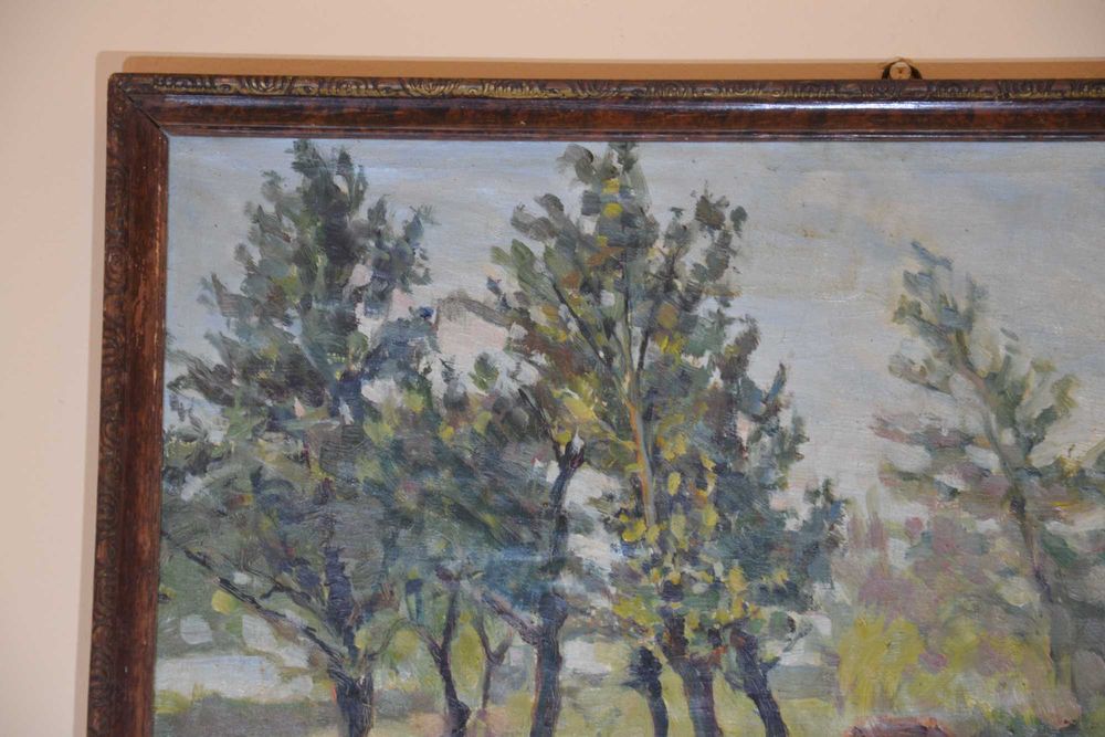 Tablou vechi pictură ulei – Peisaj impresionist cu vaci – 55x74 cm