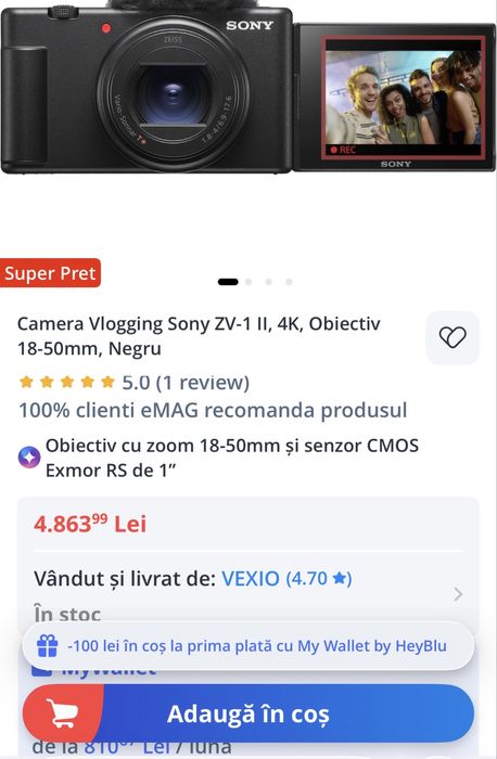 Camera foto video 4k Sony ZV1 M2 obiectiv zeiss  f1.8