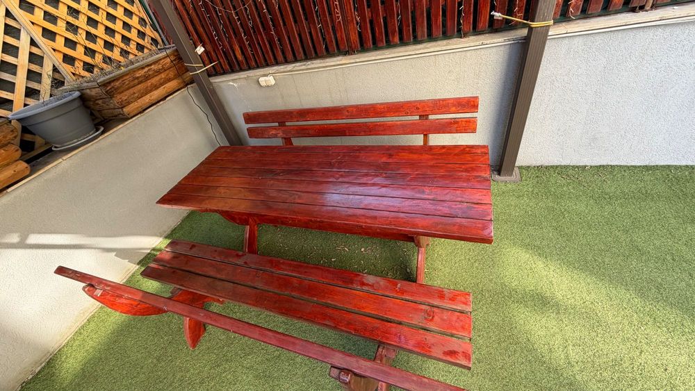 Set masa + 2 banci din lemn masiv pentru exterior (foarte solid)